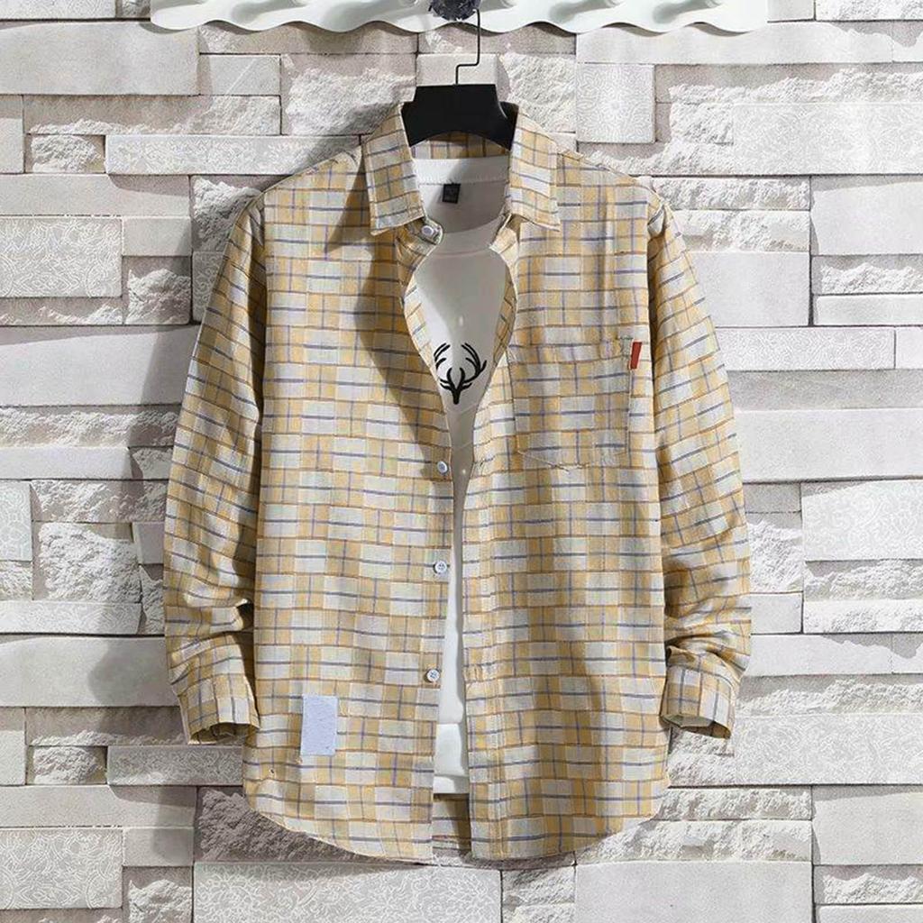 Мужские блузки Рубашка с лацканами Длинные рукава Клетчатые футболки Свободная рубашка с пальто на пуговицах Повседневные рубашки Большие размеры Модные топы