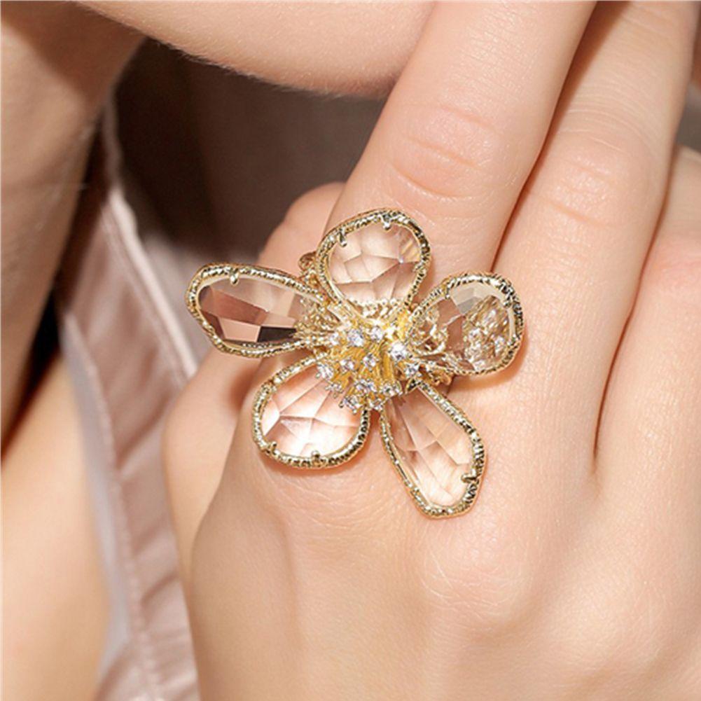 Single Shine Luxury Open Adjustable Fairy Ring Big Flower Crystal Ring Rhinestone Flower