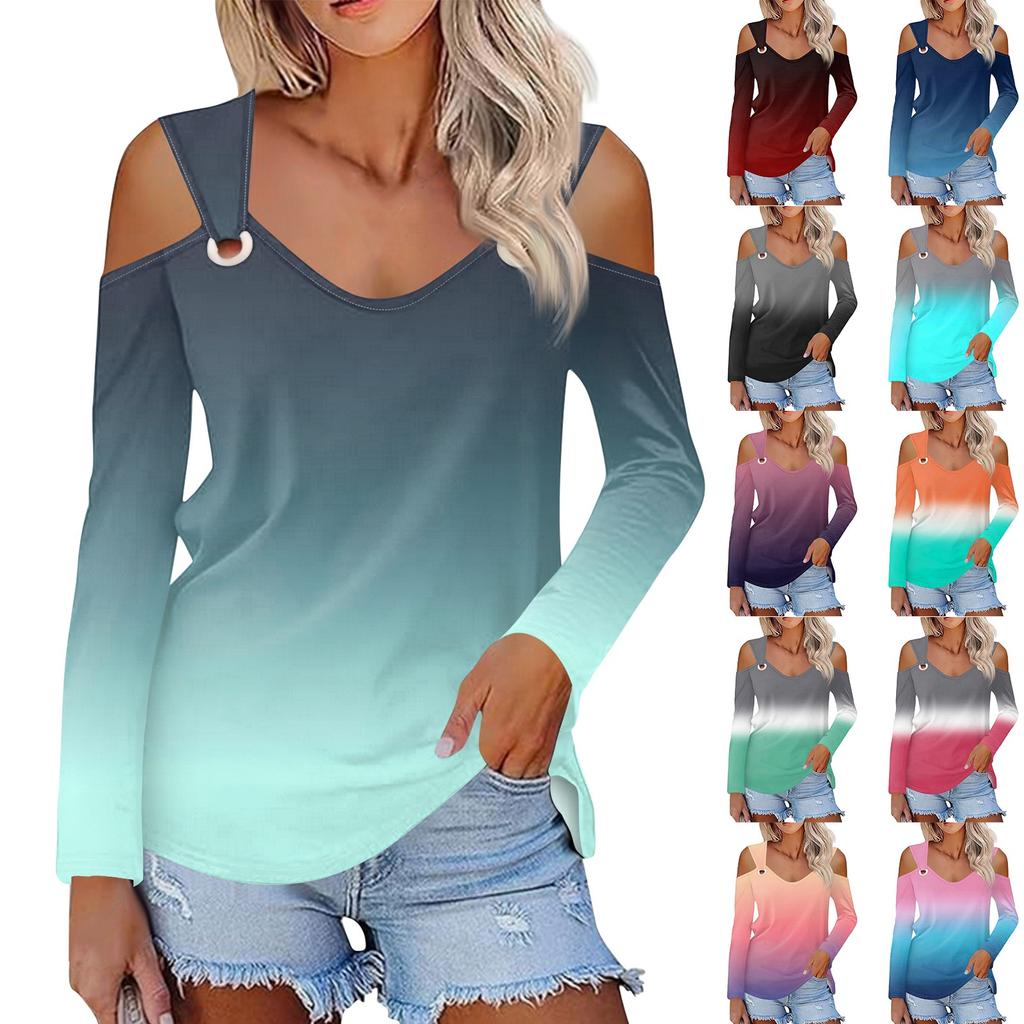 Women's Casual Shirt Blouse Print V-neck Sexy Cold Shoulder Long Sleeve Top