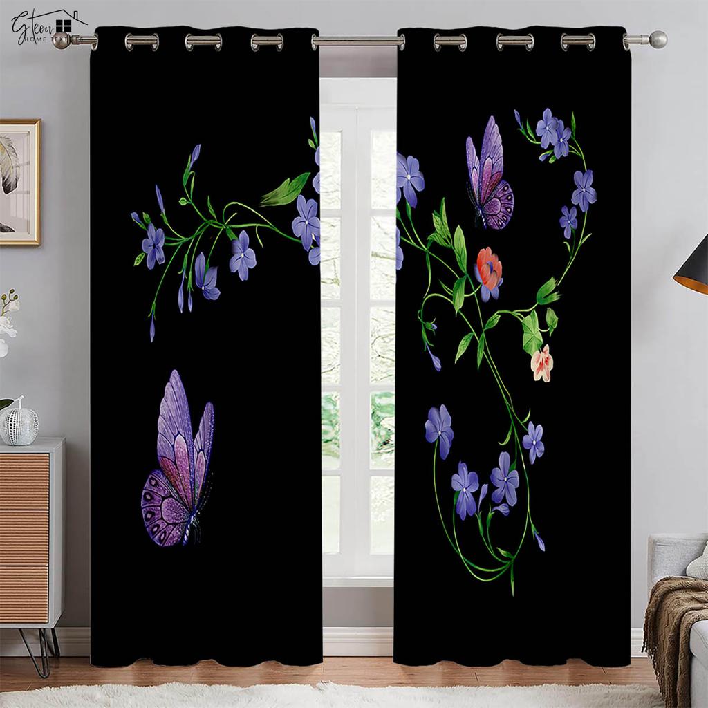 Beautiful Butterfly Flower 3D Printed Curtains French American Retro Pastoral Bedroom Living Room Study Decorative Curtains 2PCS