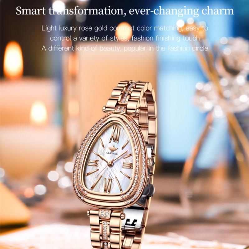 OUPINKE Новые женские часы для бизнеса и отдыха, бренд Tide, инкрустированный бриллиантами змеевидный циферблат, водонепроницаемые кварцевые часы высокого класса