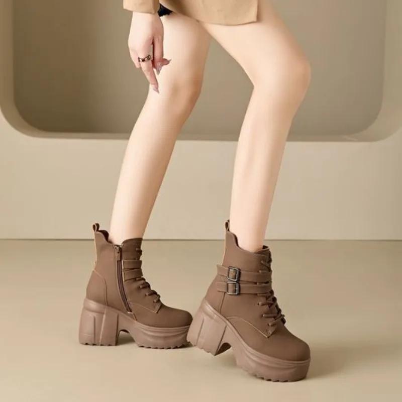 Мода 10 см Микрофибра Синтетика Женские Молния Массивный Каблук Платформа Ботильоны Осень Лодыжка Весна Лодыжка Мотоциклетные Обувь на Толстой Подошве
