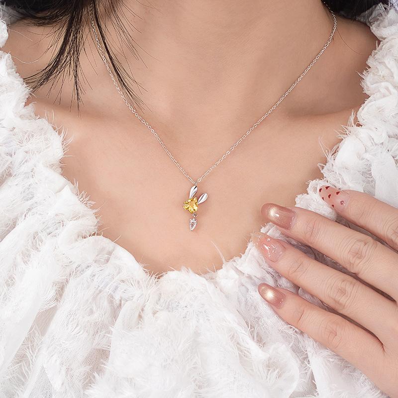 Natural spar cute rabbit necklace s925 sterling silver inlaid with love garnet topaz niche design collarbone chain women