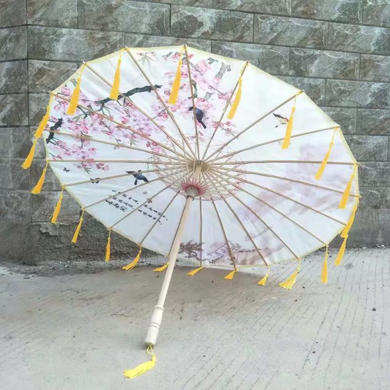 1PC with Tassel Classical Women's Umbrella for Hanfu Accessories Satin Cloth Photograph Props Fairy Ancient Parasol