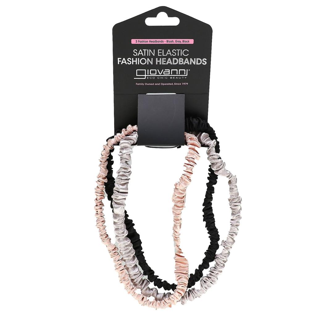 Satin Elastic Fashion Hairband, Blusher, Grey, Black, 3 Hairbands