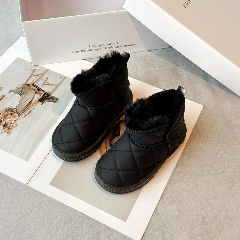 Черные зимние ботинки для девочек, утолщенные, теплые, плюшевые, зимние детские ботинки, нескользящие, универсальные, детские, повседневные, модные, для мальчиков, хлопковые, мягкие