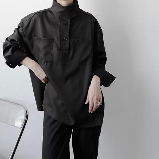 Женская рубашка с полувысоким воротником, пуговицами, полузастежкой, длинным рукавом, с карманами, однотонная свободная посадка, топы-пуловеры