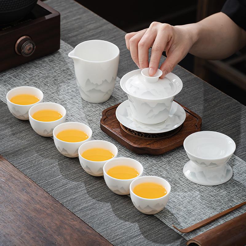 Chinese white porcelain tea set, suet jade cover bowl, teacup business gift box, gift for elders