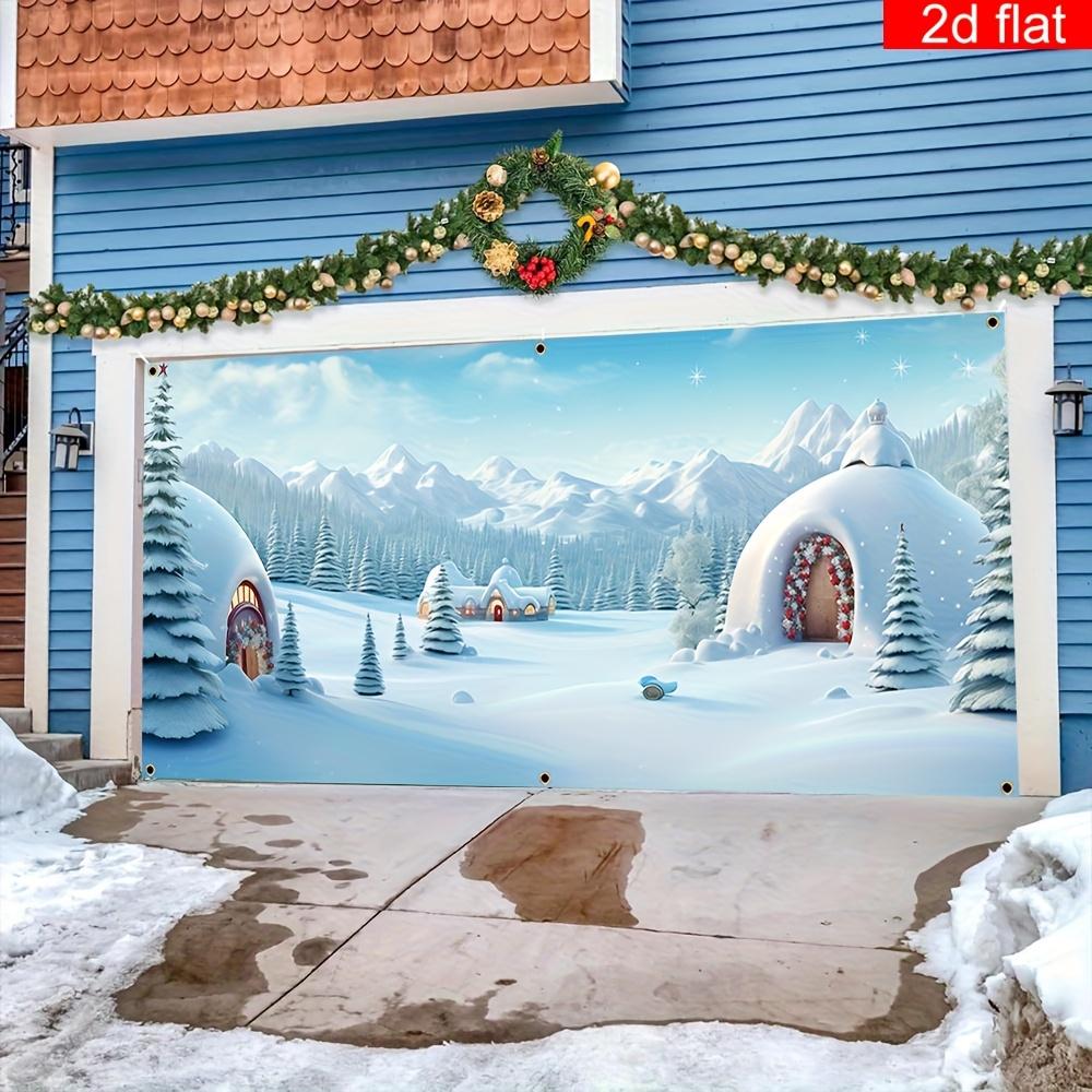 A winter wonderland Christmas polyester garage door banner - Snow mountain and igloo design universal holiday decoration
