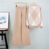 Color Blocking Grid V Neck Knitted Cardigan Fashion Set  Elegant And Wide Leg Pants For Women Two Piece Set