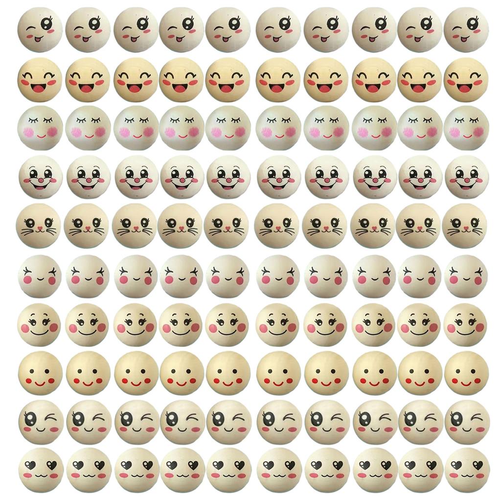 100 Pcs Wooden Beads 20mm Natural Wood Beads Wooden Ball with Face for DIY Jewellery Bracelet Necklace Craft Decoration