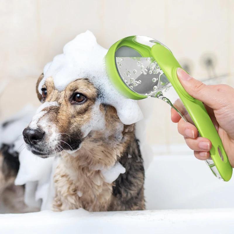 Pet Bath Brush Dog Shampoo Scrubber Gentle Silicone Massager with Soap Dispenser Portable Long Handle Shower Tool