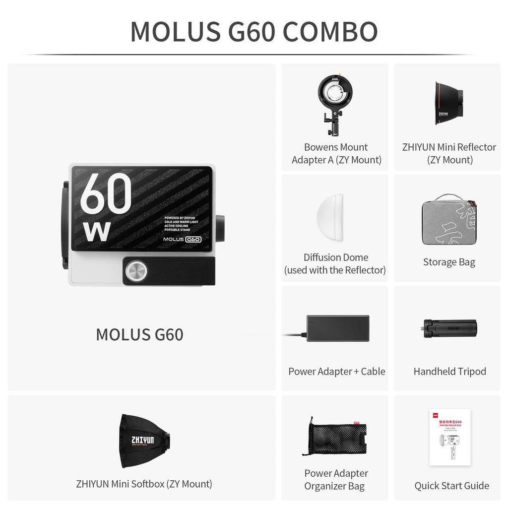 ZHIYUN MOLUS G60 COMBO Pocket Cob 60W LED Video Light with 11194 Lux PD Fast DC Power Adapter and Cable for App Control Light, Reflector, 2700K-6200K,