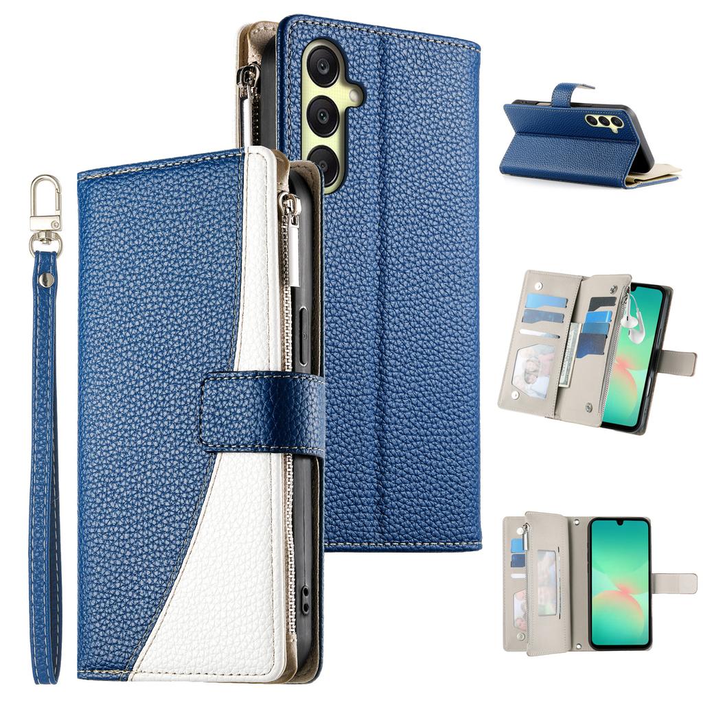 For Samsung Galaxy A17 5G Case Zipper Wallet Color Splicing Leather Flip Phone Cover with Straps