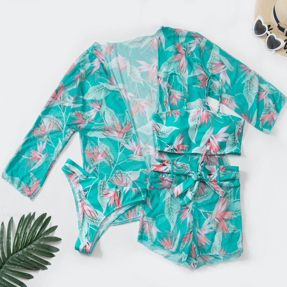 Европейский и американский купальник женский раздельный четырехсекционный с высокой талией и длинными рукавами боксеры бикини