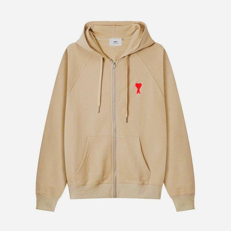 Унисекс Толстовка на молнии с вышивкой в виде сердца - Повседневная, Универсальная, для Весны и Осени