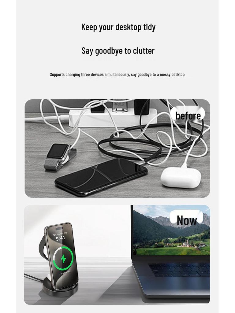 3-in-1 Wireless Charging Station for Apple, Huawei, Xiaomi Devices, Watches, and Earphones