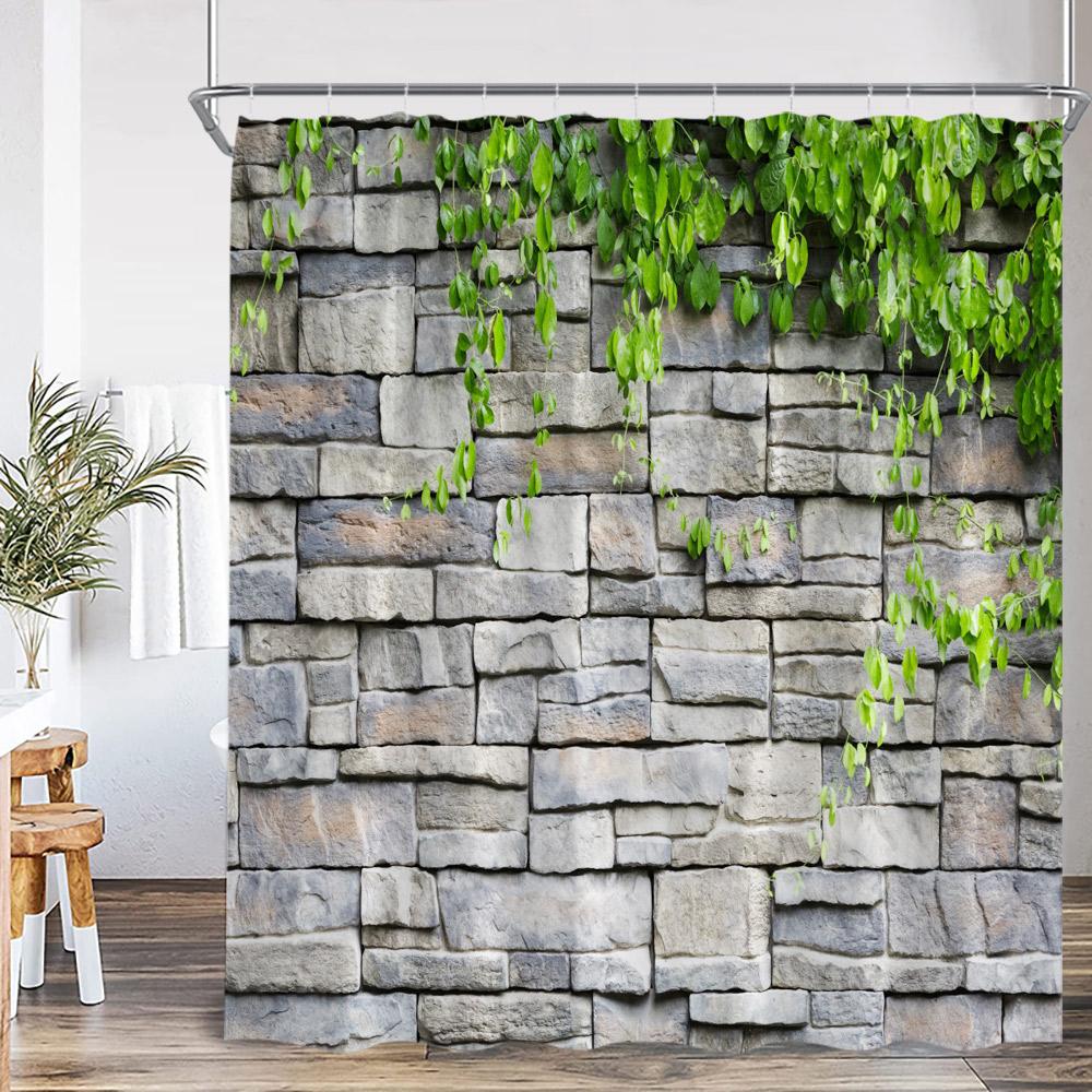 Green Vines Brick Wall Shower Curtain Pink Flowers European Garden Arch Door Bathroom Decorations Vintage Bath Curtain with Hook
