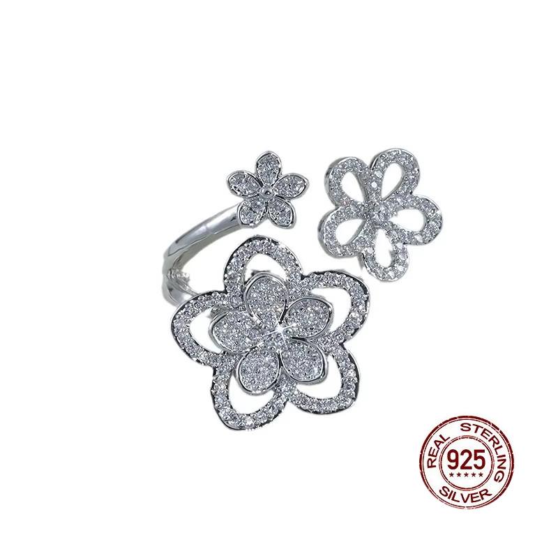 Изысканное серебряное кольцо с ажурным цветком для женщин, модное кольцо с цирконом AAA, женское помолвочное открытое кольцо, для вечеринки