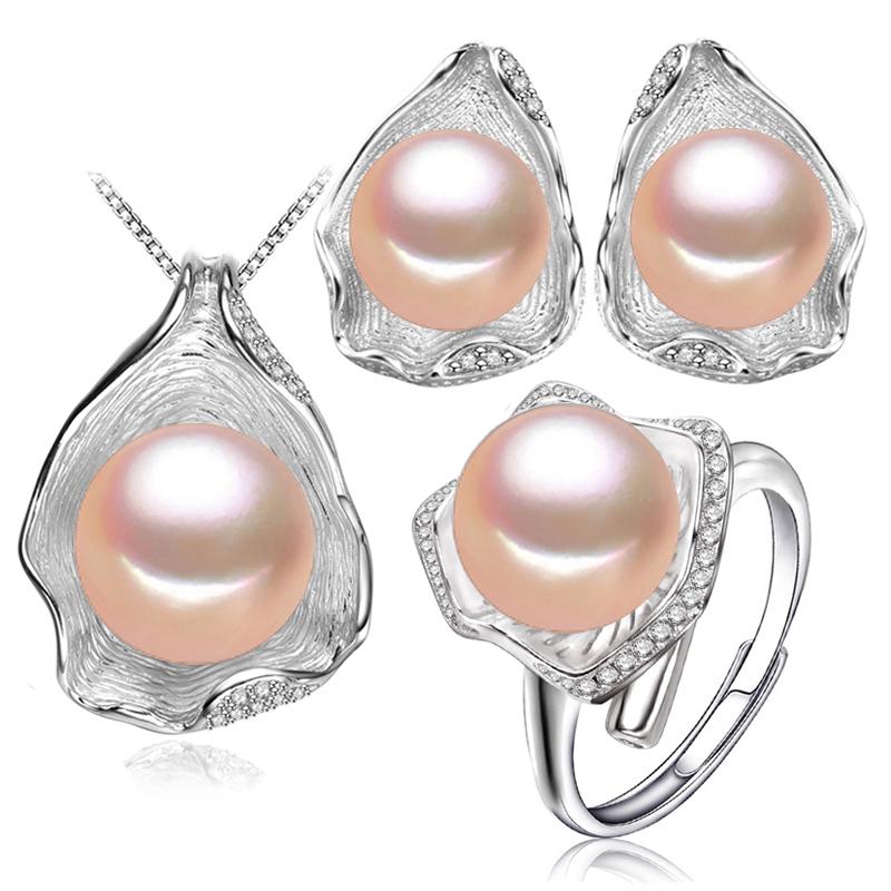 LSOOYH дизайн ракушки натуральный пресноводный жемчуг серьги комплекты ювелирных изделий ожерелье с кубическим цирконием кольцо