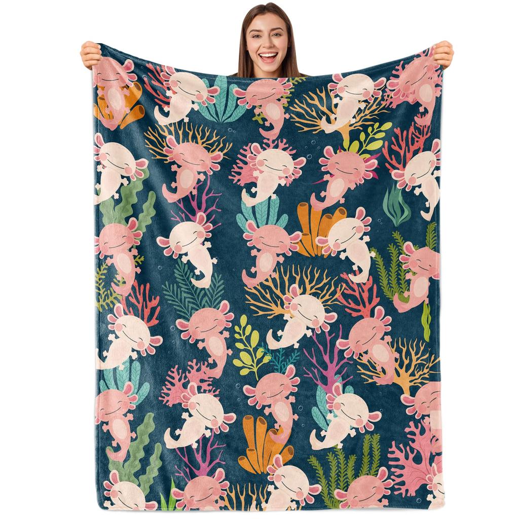 Cartoon Axolotl Blanket Kawaii Ocean Animal Throw Blankets for All Season Seaweed Aquarium Soft Flannel Sofa Blanket for Kids