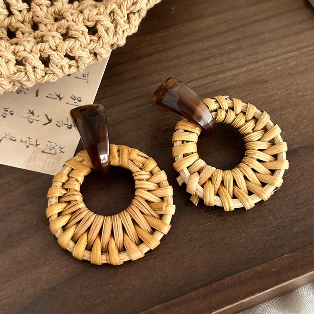 Round Rattan Weave Earrings Flower Beach Jewelry Cute Bohemian Drop Earrings Wedding
