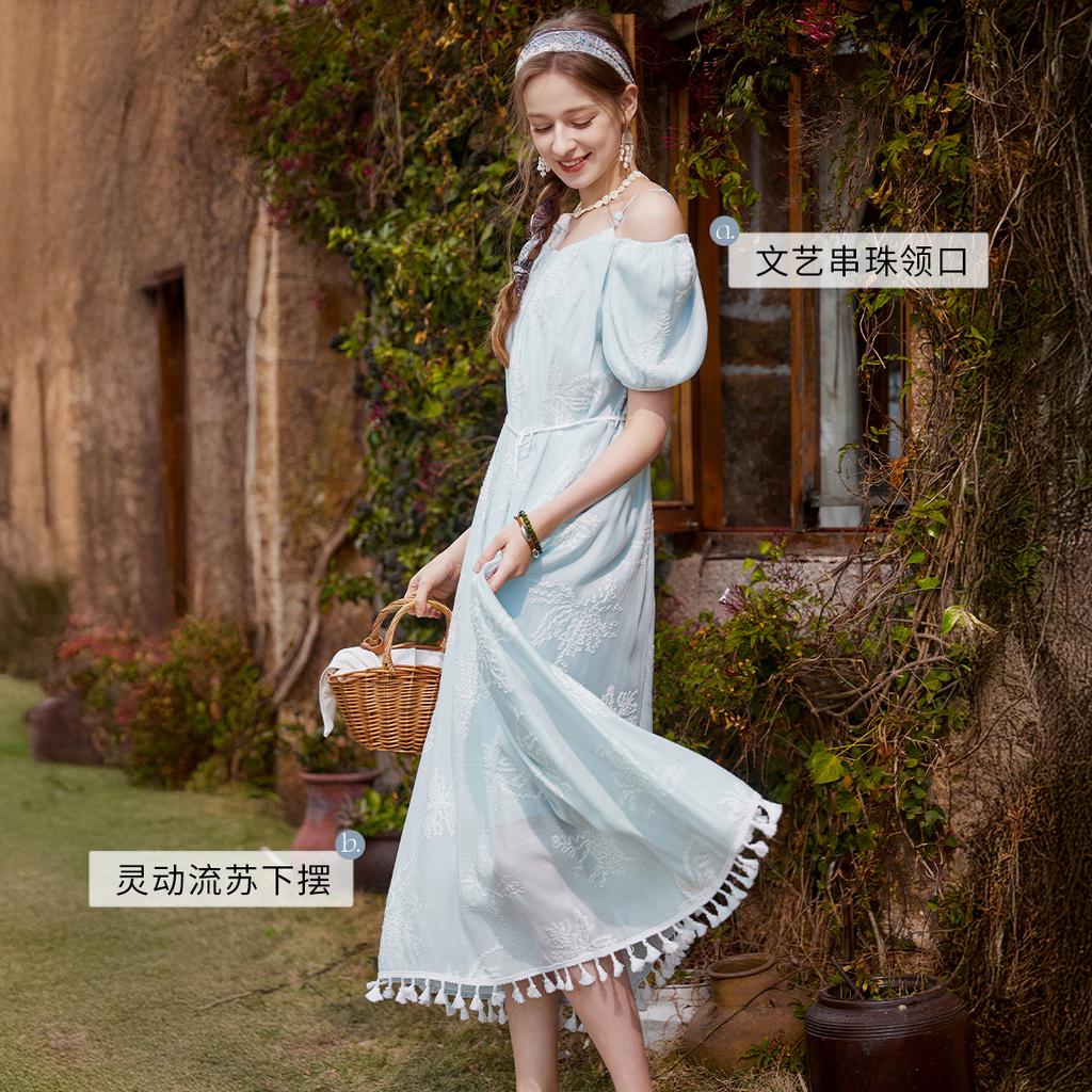 Fragrant Shadow Art Style Blue Embroidered Dress for Women, 2026 Summer New Style Bubble Sleeve Waist Skirt, Mid length Fairy Women's Skirt