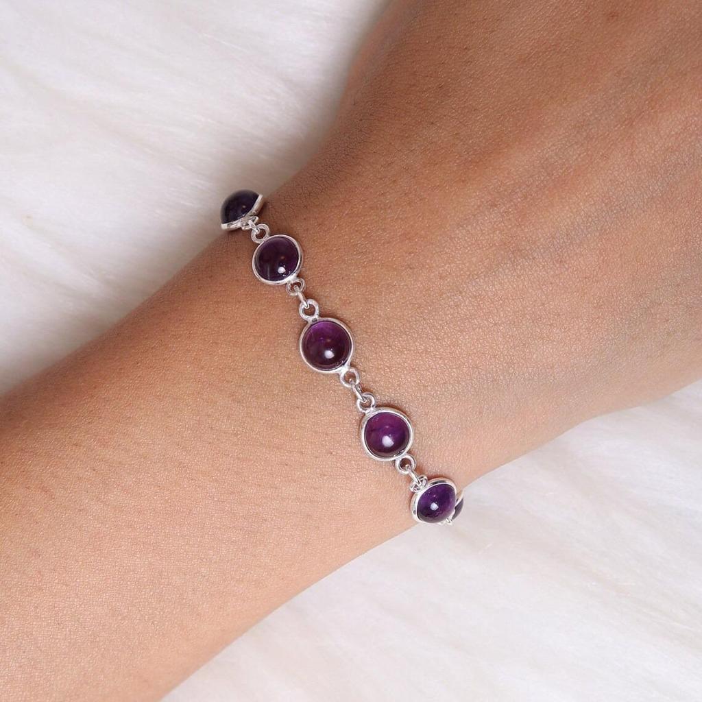 Браслет с аметистом / Браслет из стерлингового серебра 925 пробы / Браслет ручной работы / Регулируемые серебряные украшения / Круглый браслет из драгоценных камней / Подарок для нее