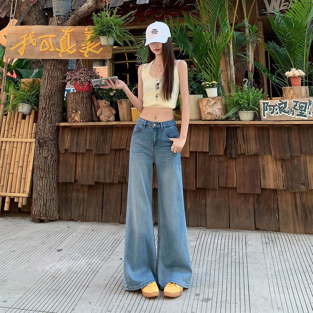 Retro blue sky silk not sticky legs slightly pulled jeans women's summer thin high waist loose and thin wide leg flared pants