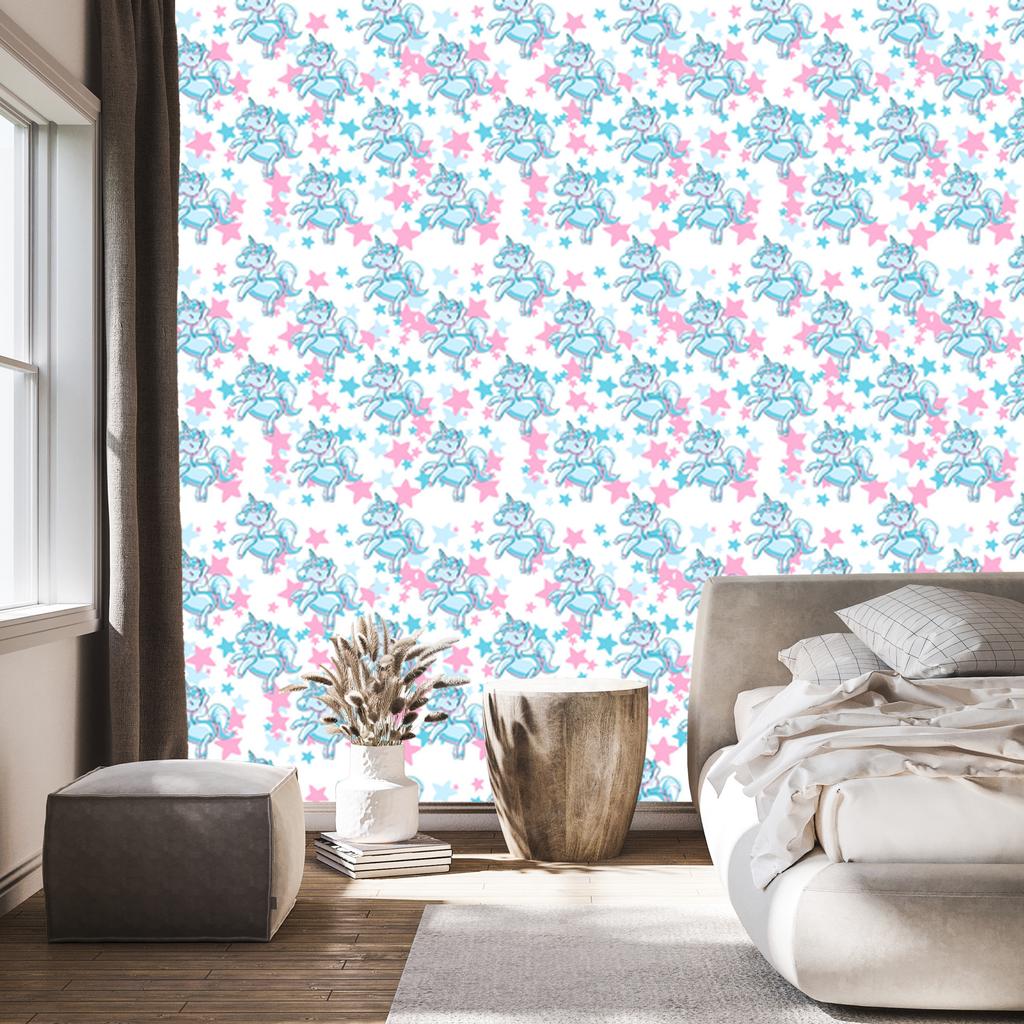 Wallpaper Smiling Unicorns in Front of Stars for Living Room and Bedroom 50x1000