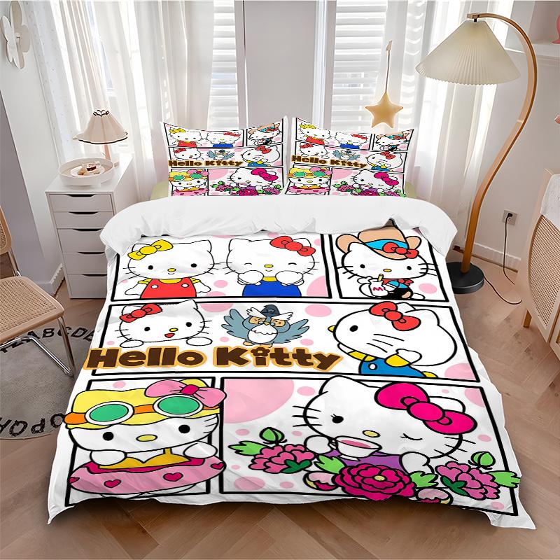 3pcs Hello Kitty Collection Quilt Set Cartoon Themed Bed Quilt Set Lovely Character Bedroom Decor Bed Quilt Set Four Seasons (1 Cover + 2Pillowca