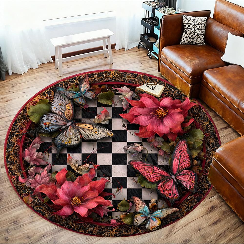 1PC butterfly flowers Office Round Area Rug, Under Office Chairs Bedroom Living Room Home Decor, Carpet for Office -1110142