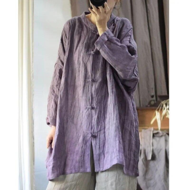 Johnature Retro Irregular Linen Vintage Chinese Style Shirt Autumn Woman Solid Color Long Sleeves Shirt