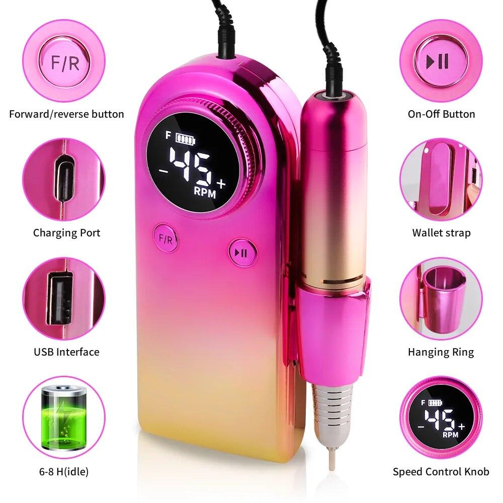 45000RPM Portable Electric Nail Drill Machine Rechargeable Gradient Nails Sander Manicure LCD Display Nail File Pedicure Tool