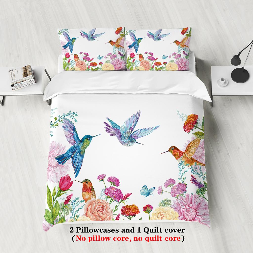 Набор из 3 предметов с принтом в виде колибри с натуральным цветочным узором (1 пододеяльник+2 наволочки, без наполнителя) мягкий и удобный постельный комплект