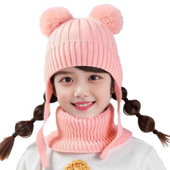 2 шт./набор Детская зимняя шапка и шарф Набор Декор плюшевым помпоном Однотонный Плюшевая подкладка Вязаная шапка Теплый комплект шарфа