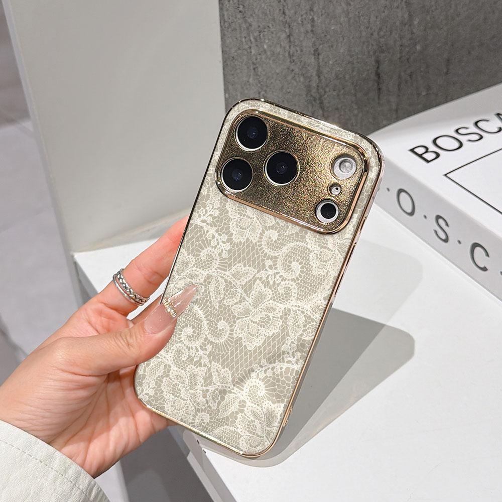 Чехол для телефона 'Счастливый старт' для iPhone 17 16 15 14 13 12 11 Pro Max 16E Золотой гальванизированный стеклянный корпус Чехол 'Кружево цвета слоновой кости'