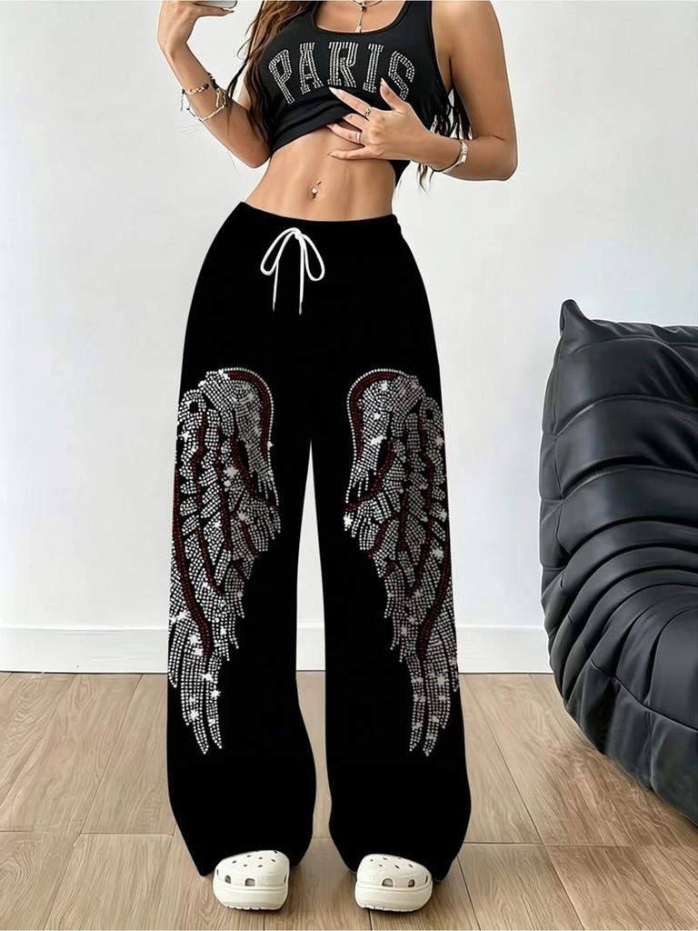 Ladies' wide leg pants, drawstring waist bag style casual versatile wide leg pants, suitable for daily wear