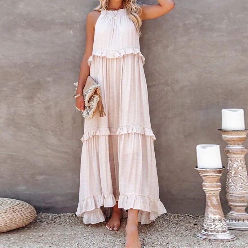 Женское длинное платье с милыми оборками, лето 2023, однотонное платье для отдыха в пляжном стиле, платья без рукавов с круглым воротником 26204
