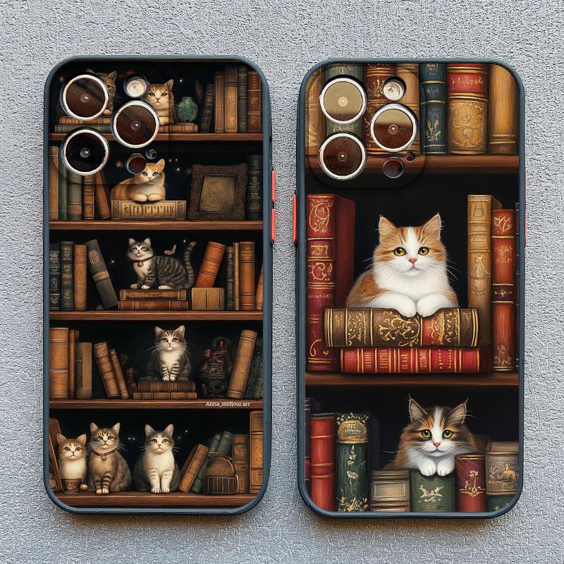 Винтажный книжный шкаф Котен Нарисованный чехол для телефона для iPhone 16 15 14 Pro Max Plus 13 Mini 12 11 Pro Max XS X XR 7 8 Plus SE Задняя крышка