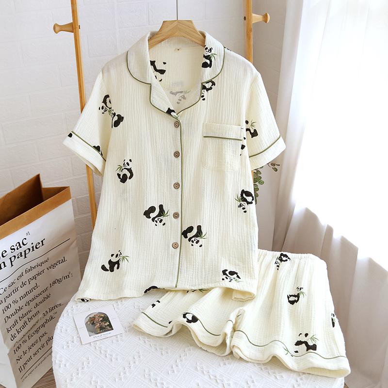 Женский летний пижамный комплект из чистого хлопка - Милый, Дышащий, с коротким рукавом и шортами