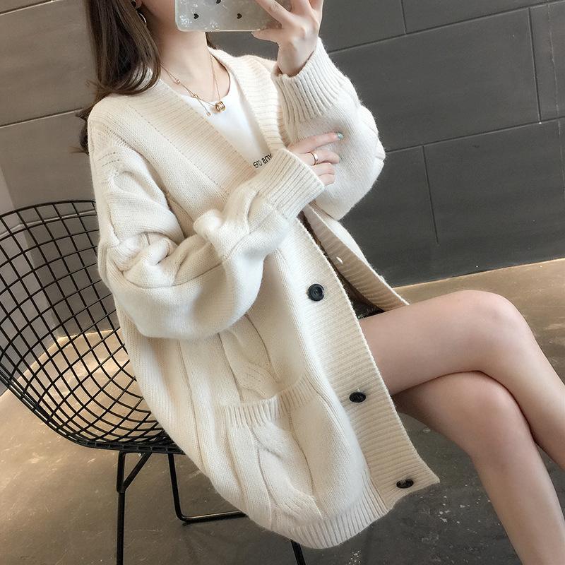 Однотонный простой темперамент универсальный свитер женская куртка осень-зима корейская версия свободный и тонкий толстый вязаный кардиган