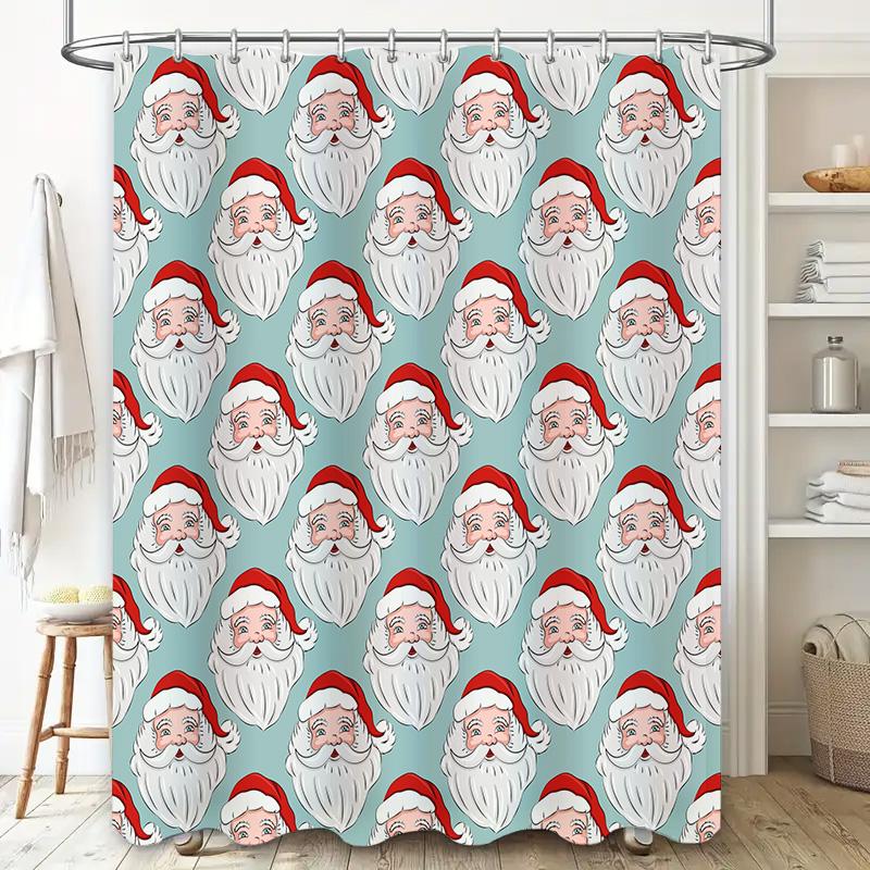 Pattern Christmas Santa Claus Red Hat Shower Curtain for Bathroom Decor Home Decoration in Blue with White Beards Custom Size Av