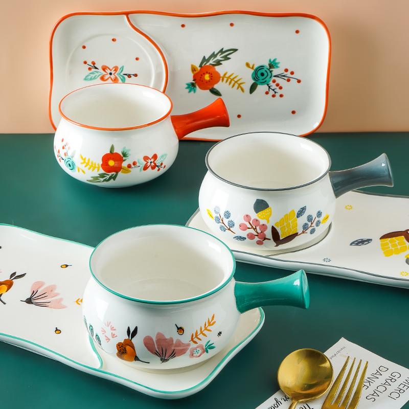 Керамическая салатница с цветочным узором, прямоугольная тарелка, миска для выпечки пасты, столовые приборы для завтрака (1 миска с ручкой + 1 обеденная тарелка)