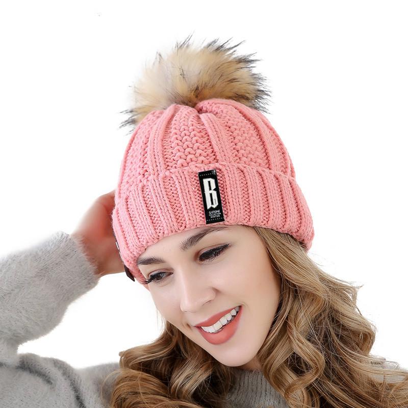 High Quality Letter B Cotton Beanies Wool Fur Pompom Winter Hat For Women Girls Warm Knitted Hat