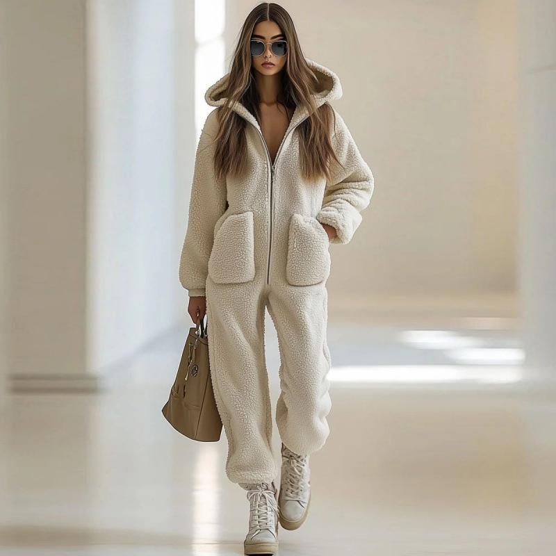 Женский плюшевый комбинезон с капюшоном, карманом, свободного кроя, с прямыми штанинами