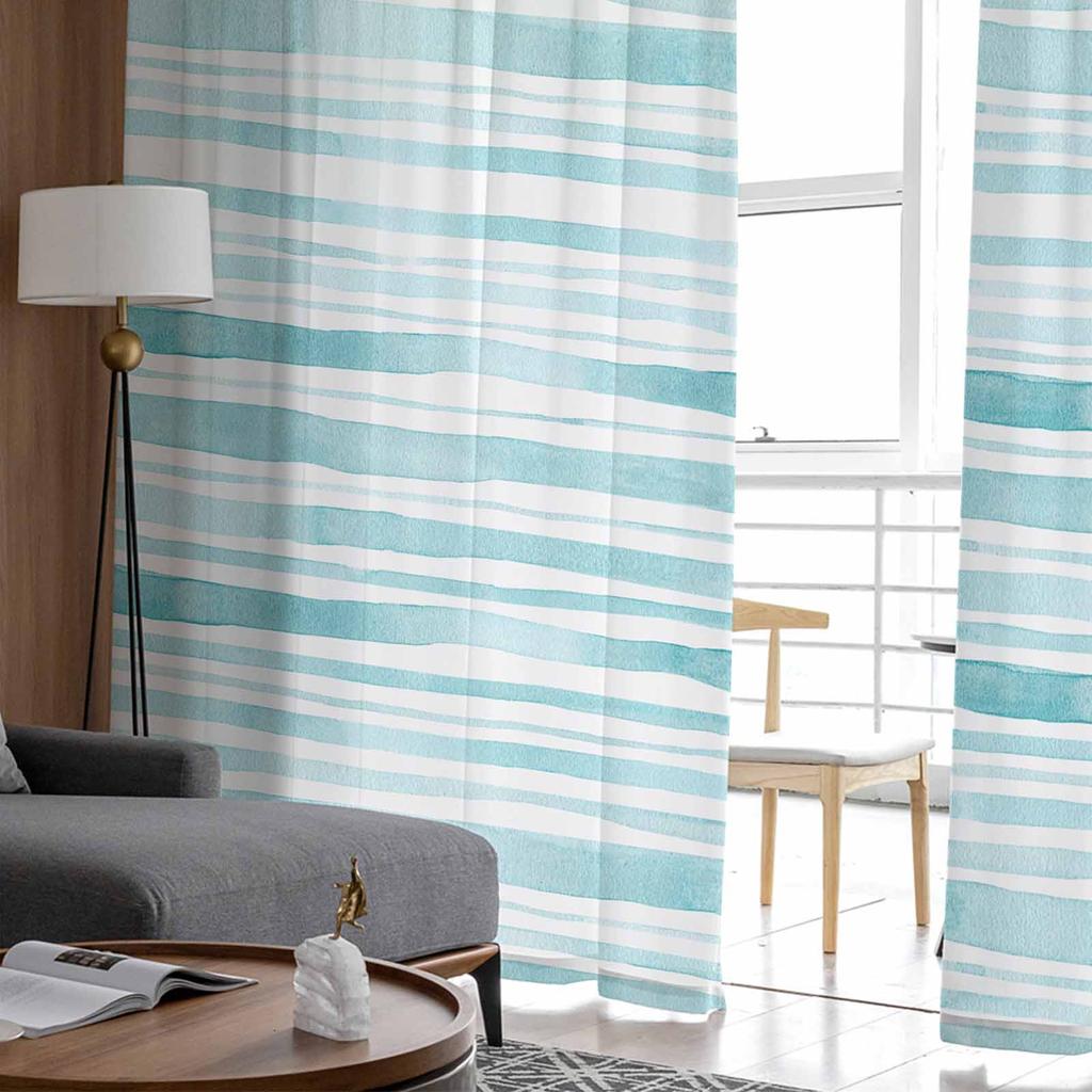 Акварельные полосатые сине-зеленые тюлевые оконные шторы для спальни, роскошные шторы для домашнего декора в гостиной, шифоновые панели