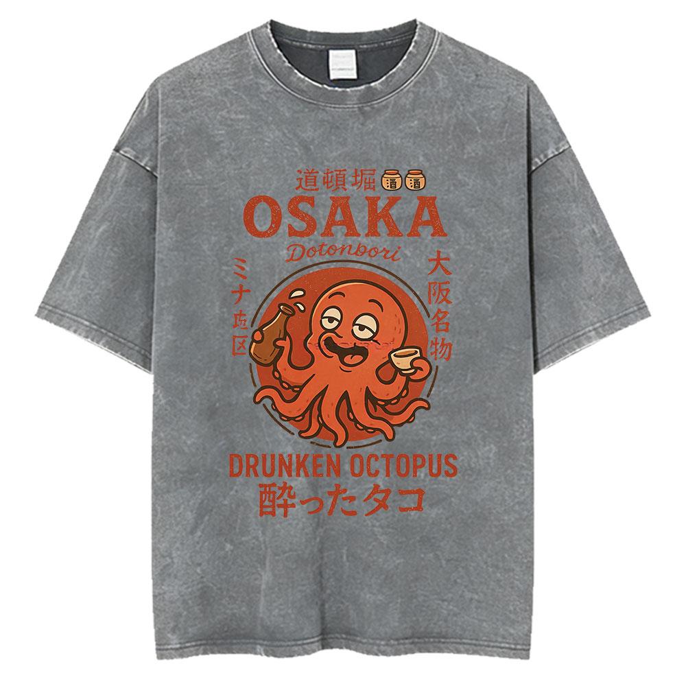 Japanese Octo Beats Osaka Dotonbori Drunken Octopus Funny T Shirts Men Women Vintage Washed Oversized Cotton TShirts Streetwear