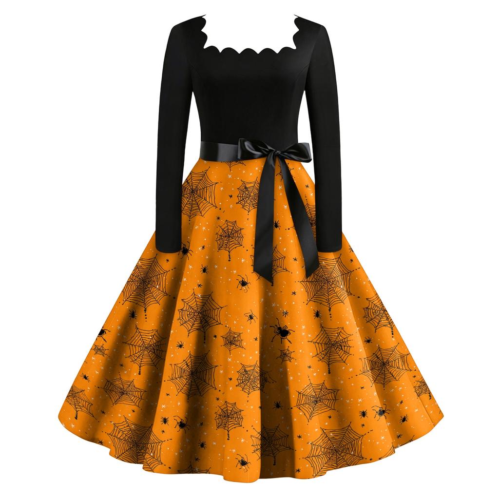 Women's Vintage Long Sleeve Square Neck Dress Halloween Skeleton Print Party Dress Retro Style Full Skirt with Waist Tie Belt