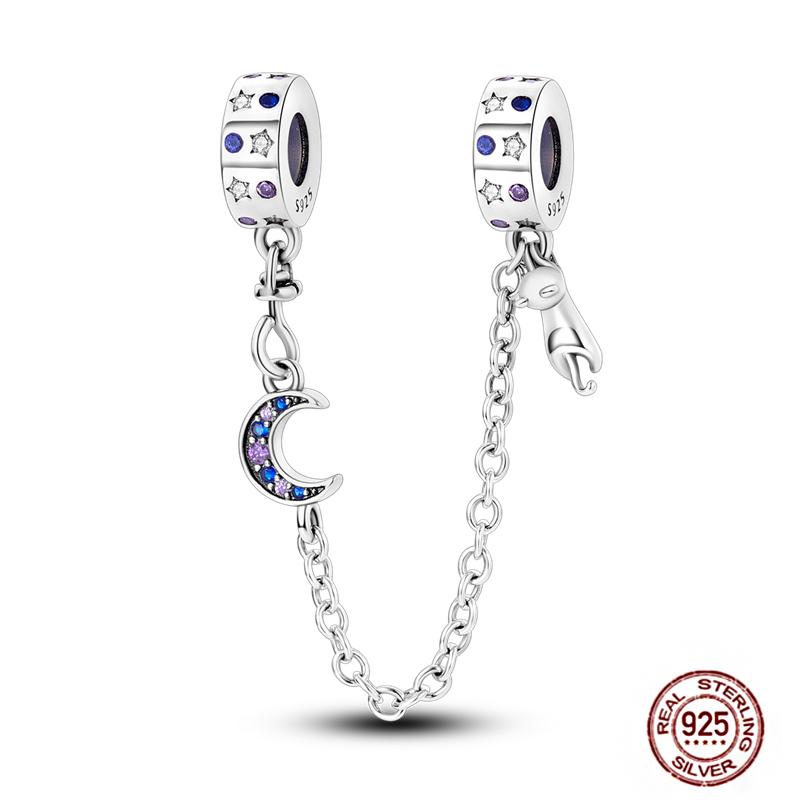 Round 925 Copper Clasp Pave Clip Charms Blue Star Moon Butterfly Slide Safety Chains Spacer Beads Fits Original Bracelet Zircon